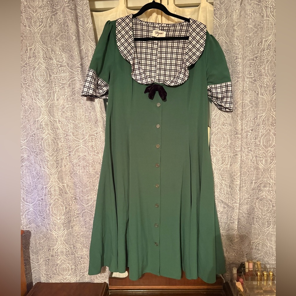 Tatyana Green Swing Retro Fit & Flare Puff Sleeves Button Dress Plaid XXL